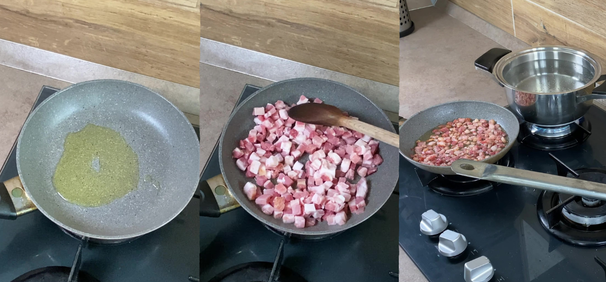 Pasta con crema di peperoni, pancetta e provolone