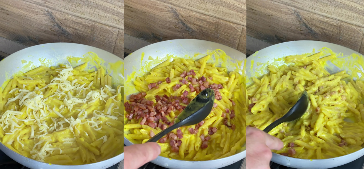 Pasta con crema di peperoni, pancetta e provolone