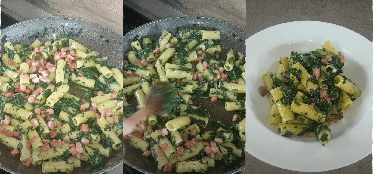Pasta spinaci e pancetta croccante