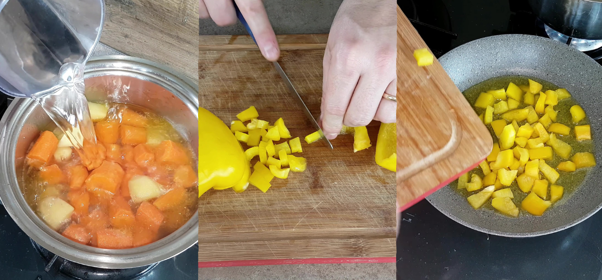 Linguine crema di carote e peperoni croccanti