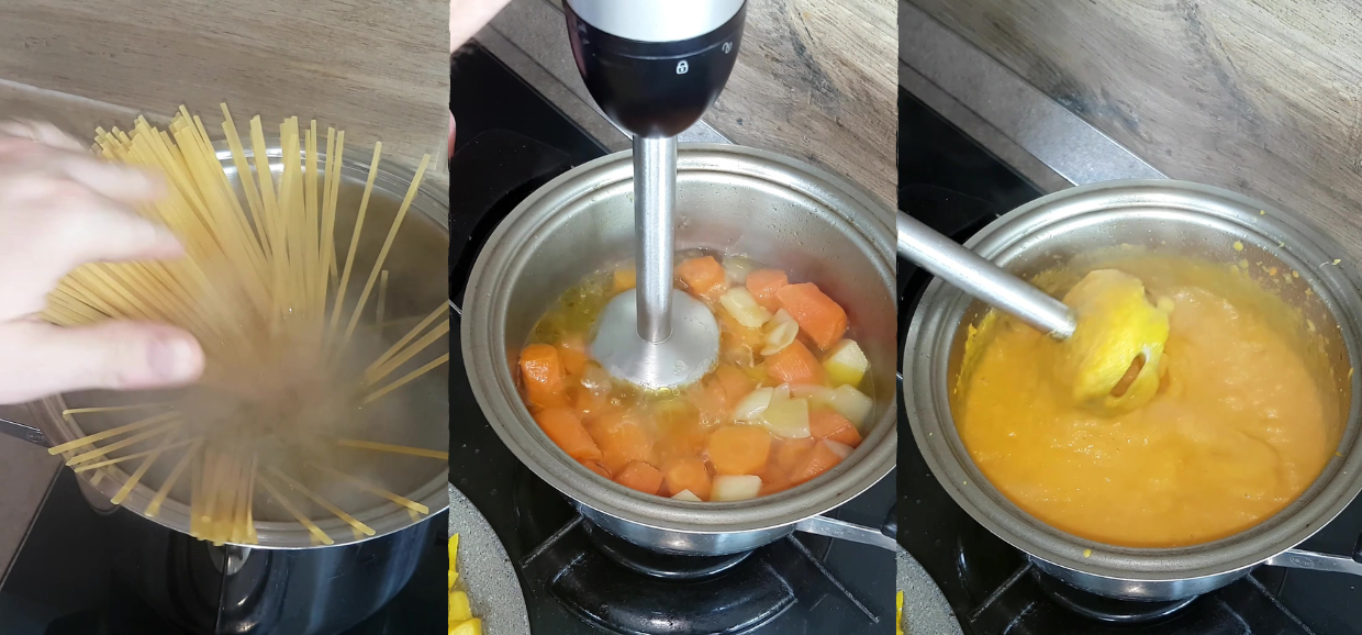 Linguine crema di carote e peperoni croccanti