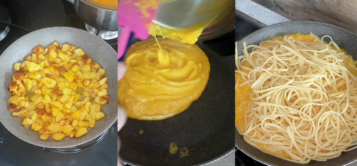 Linguine crema di carote e peperoni croccanti