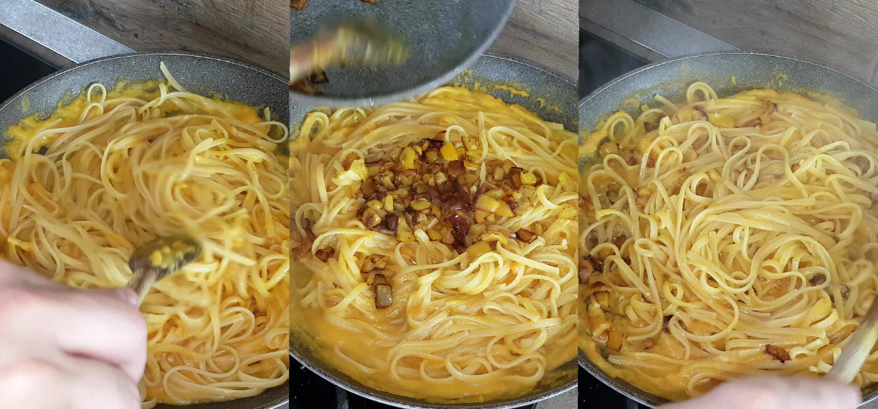 Linguine crema di carote e peperoni croccanti