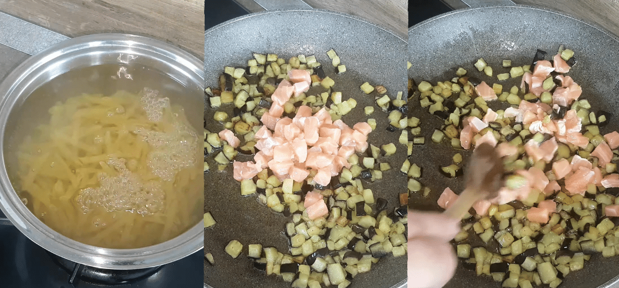 Pasta salmone e melanzane in bianco