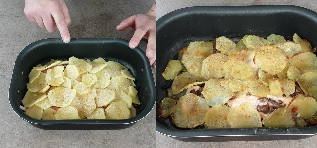 Salmone al forno con patate e olive nere