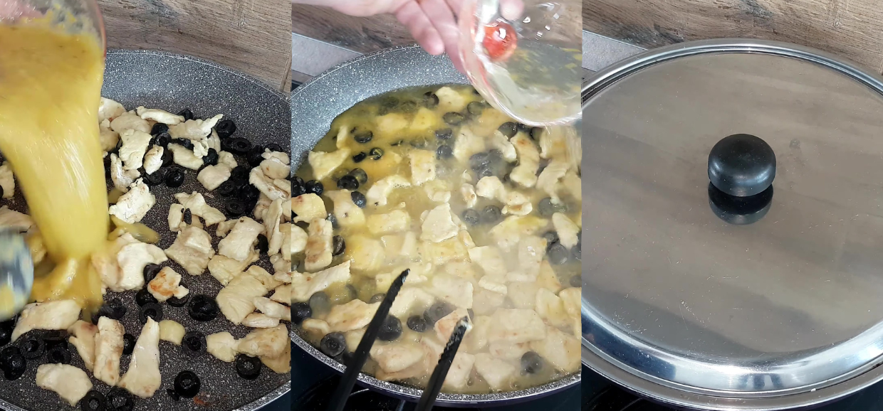 Straccetti di pollo, olive e pomodorini gialli