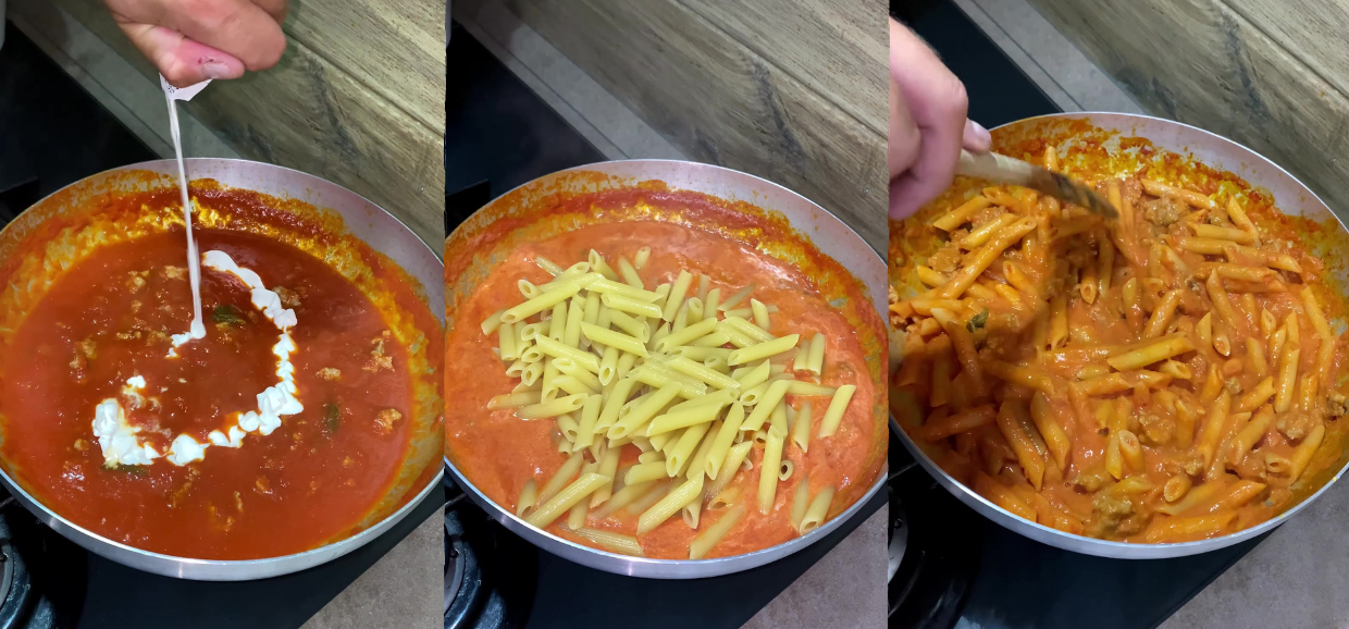 Pasta salsiccia, panna e pomodoro