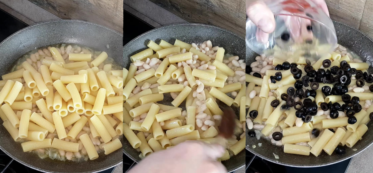 Pasta tonno, fagioli e olive nere