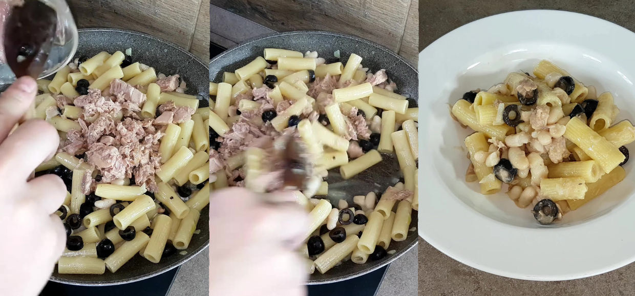 Pasta tonno, fagioli e olive nere