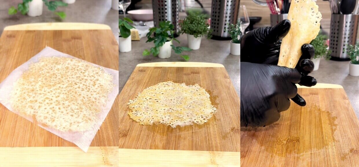 Cestini di parmigiano a forma di cono farciti con rucola e bresaola