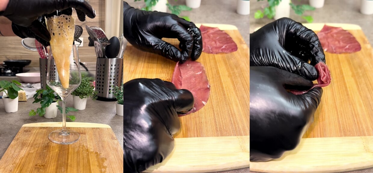 Cestini di parmigiano a forma di cono farciti con rucola e bresaola