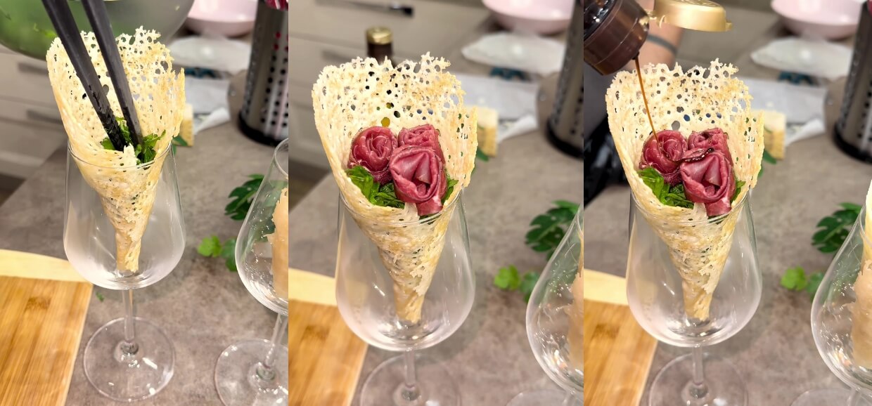 Cestini di parmigiano a forma di cono farciti con rucola e bresaola
