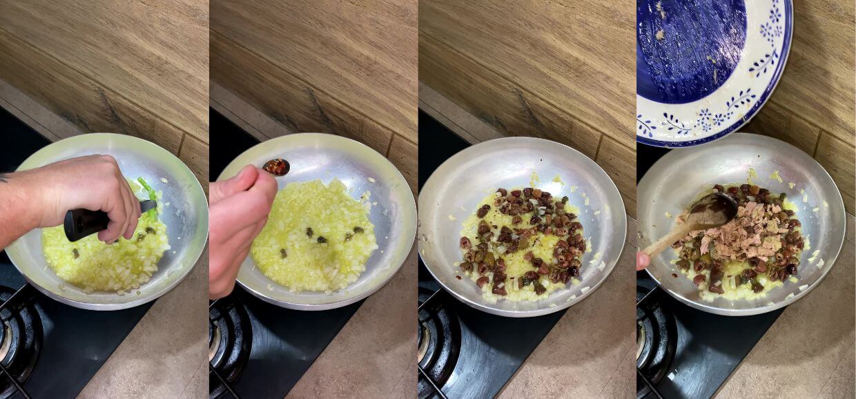 Pasta con tonno, olive e pomodorini gialli