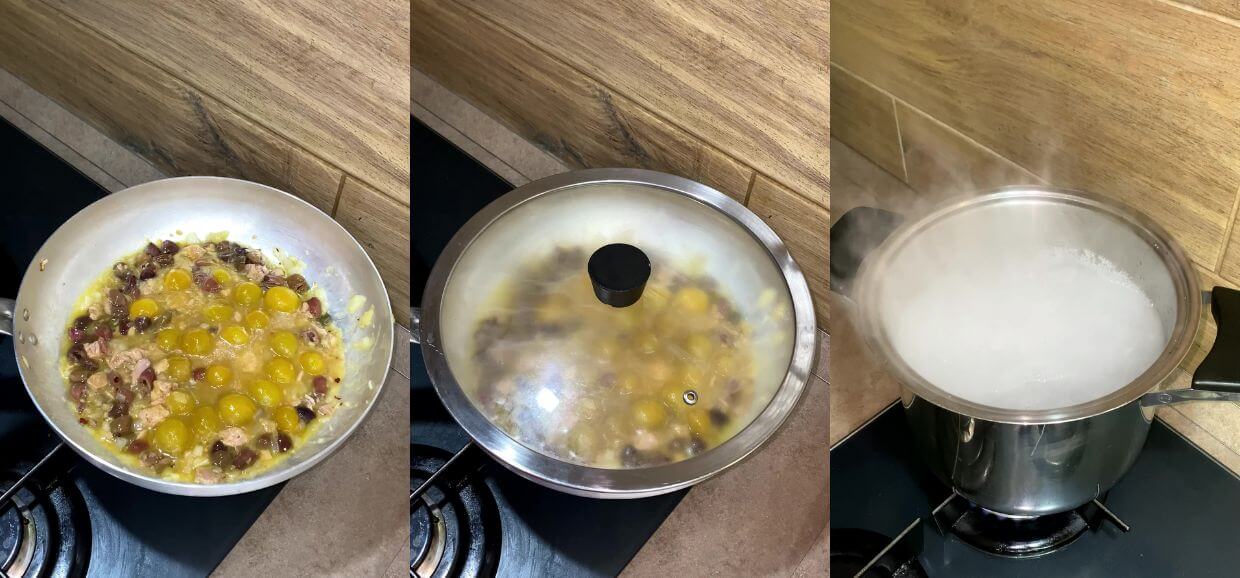 Pasta con tonno, olive e pomodorini gialli
