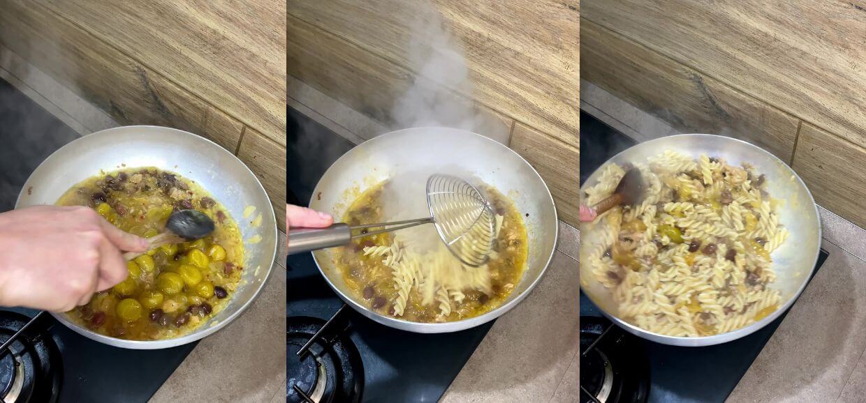 Pasta con tonno, olive e pomodorini gialli