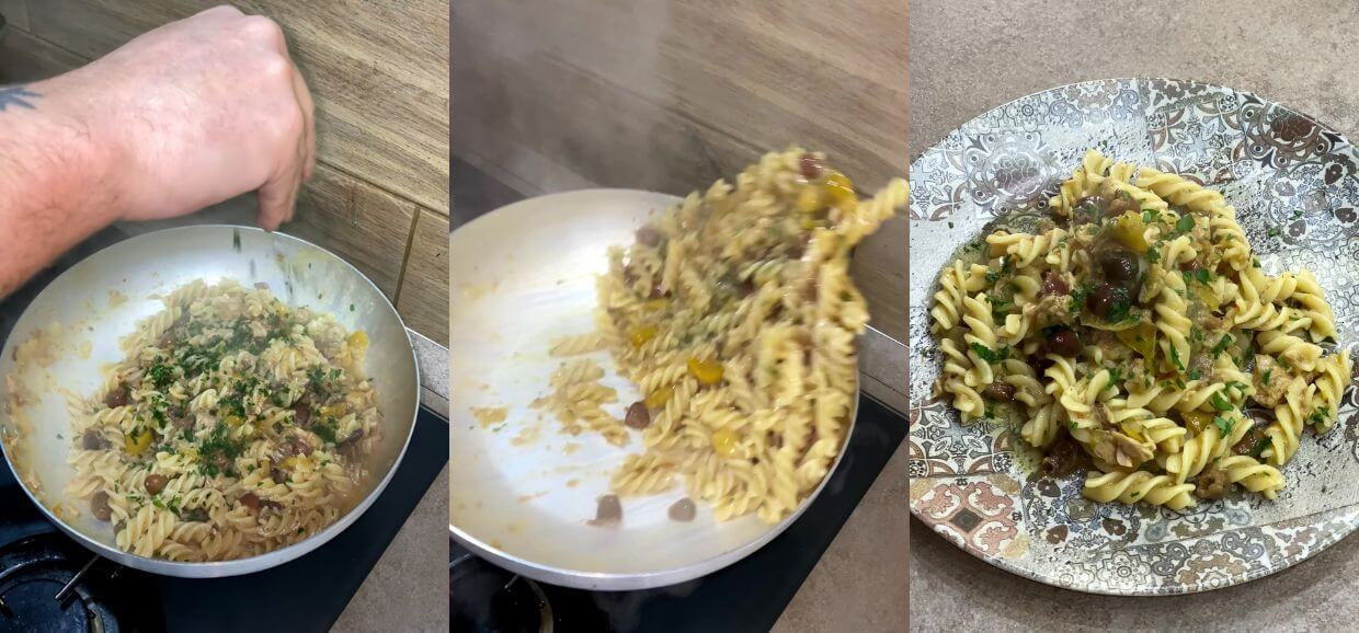 Pasta con tonno, olive e pomodorini gialli