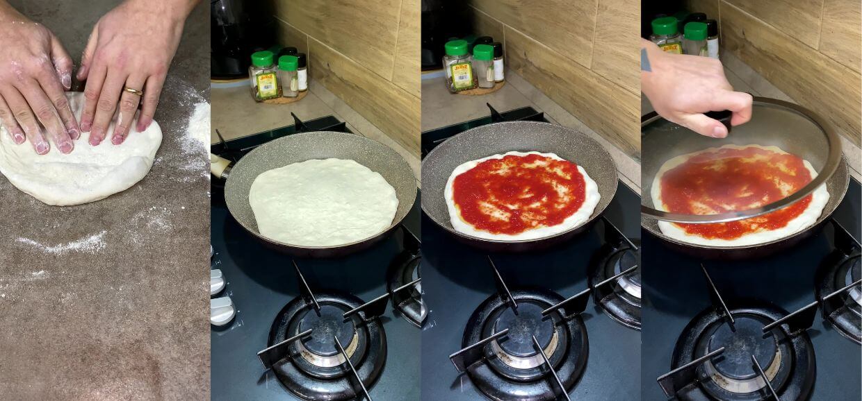 Pizza cottura padella grill con acqua ghiacciata nell'impasto