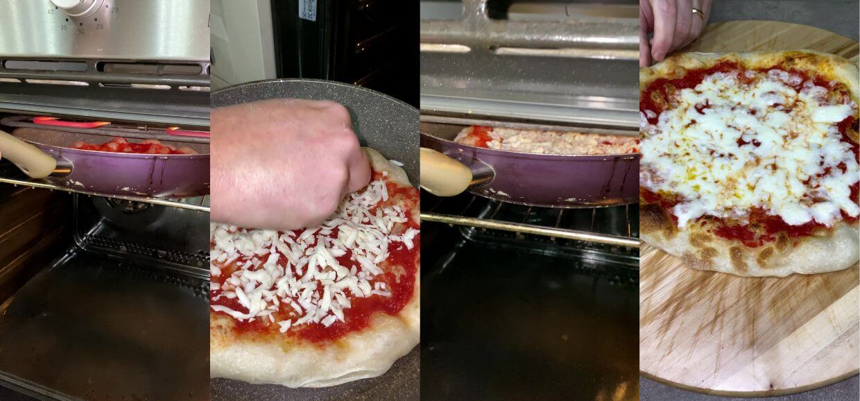 Pizza cottura padella grill con acqua ghiacciata nell'impasto