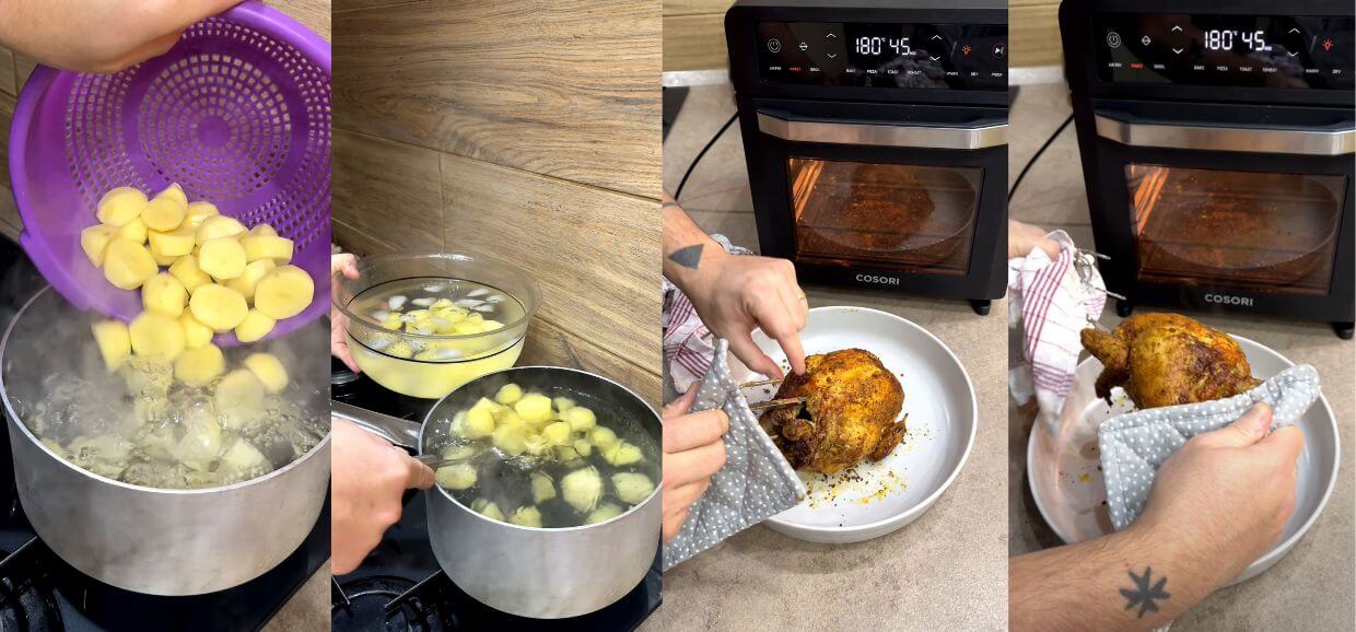 Pollo allo spiedo e patate in friggitrice ad aria