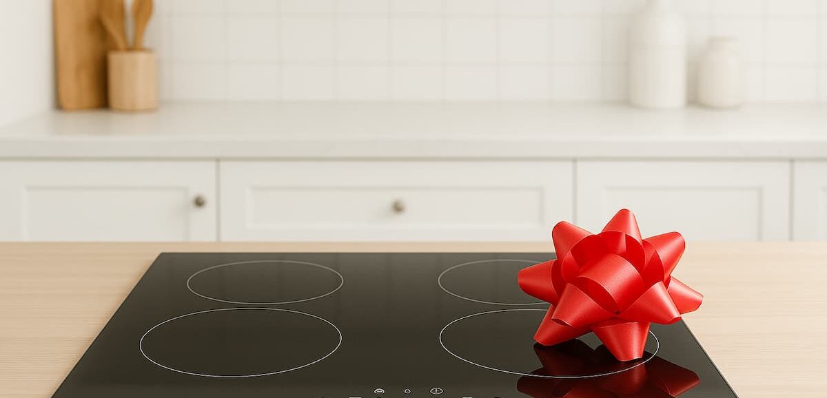 Piastra a induzione moderna in una cucina elegante illuminata da luce calda, con padella in acciaio e vapore che sale.
