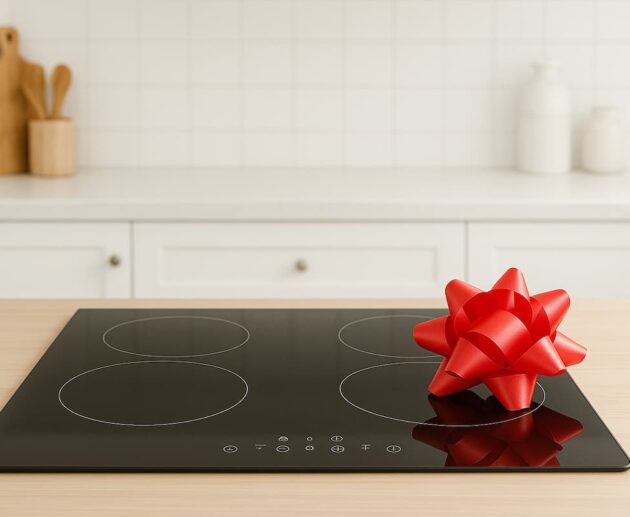 Piastra a induzione moderna in una cucina elegante illuminata da luce calda, con padella in acciaio e vapore che sale.