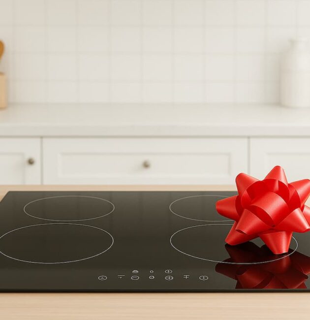Piastra a induzione moderna in una cucina elegante illuminata da luce calda, con padella in acciaio e vapore che sale.
