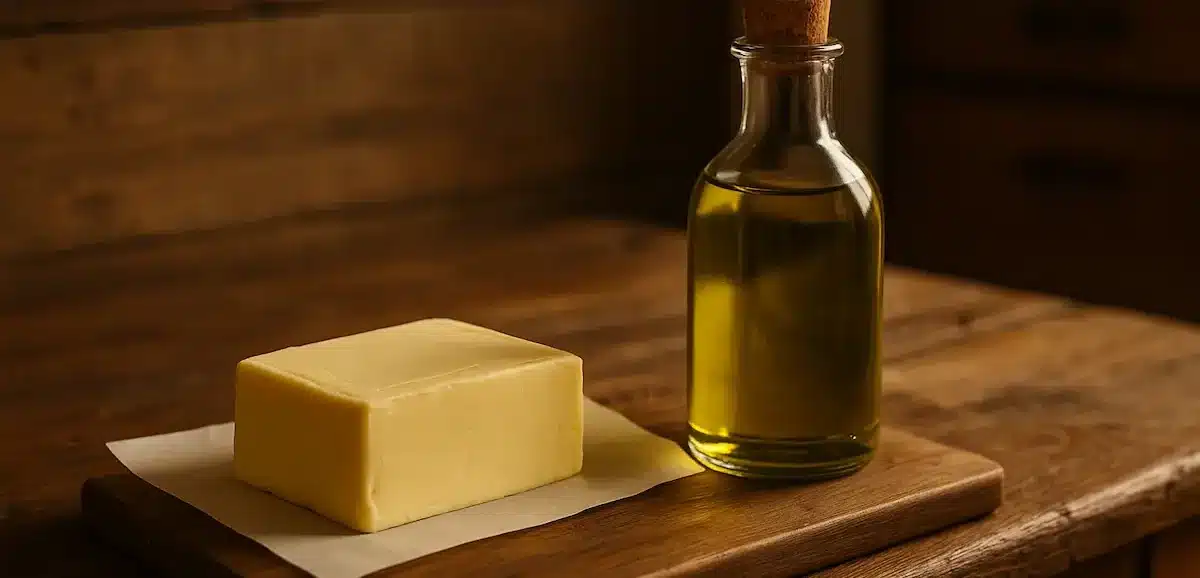 burro e olio d’oliva su piano di legno illuminato da luce calda naturale