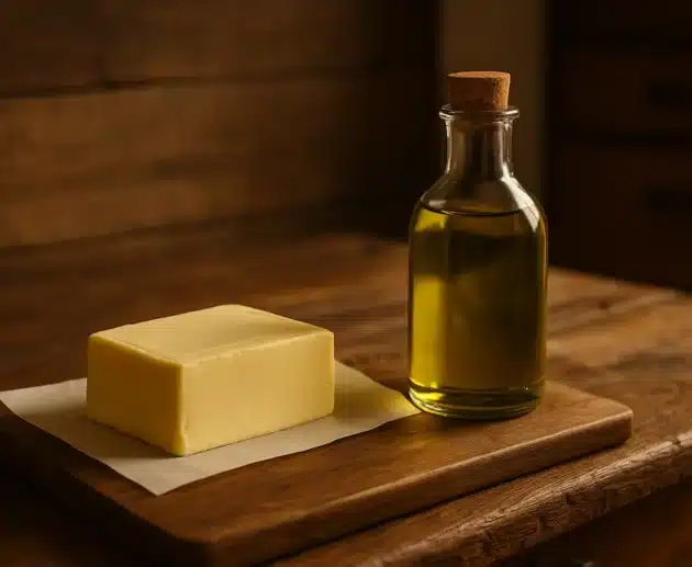 burro e olio d’oliva su piano di legno illuminato da luce calda naturale