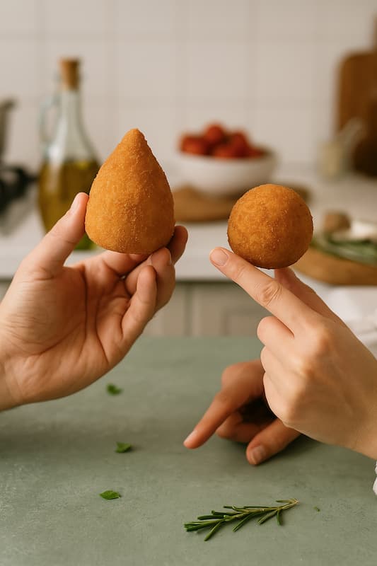 Mano maschile con arancino a punta e mano femminile che indica arancina tonda.