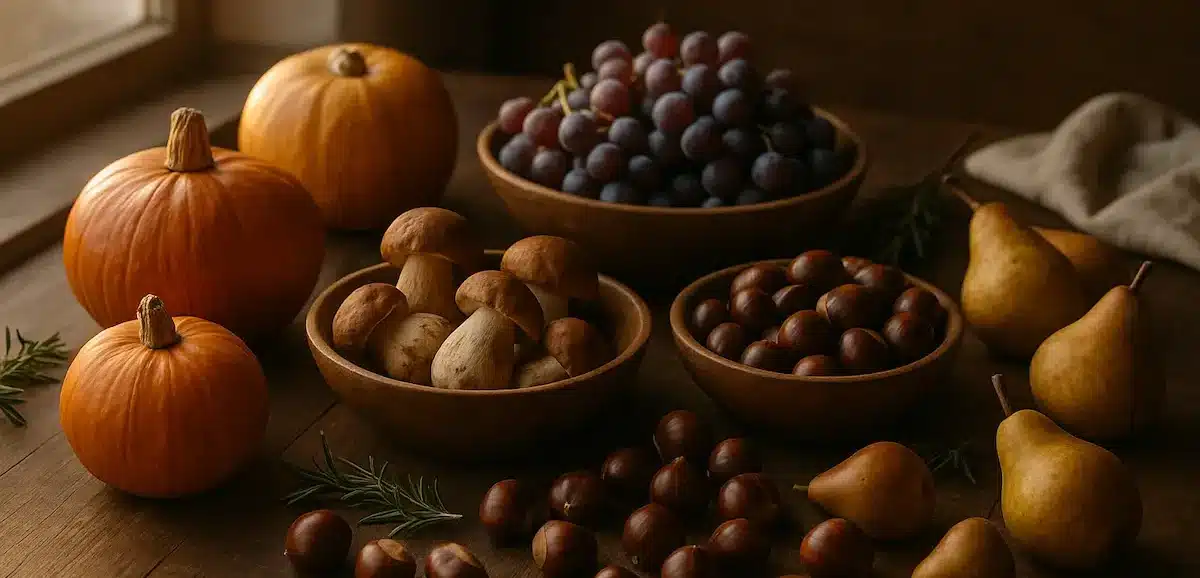 Tavola autunnale con gli ingredienti di stagione: zucche, castagne, uva, funghi e pere disposte su un piano di legno, illuminata da luce naturale calda in una cucina rustica.