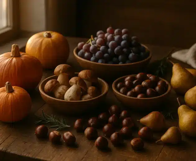 Tavola autunnale con gli ingredienti di stagione: zucche, castagne, uva, funghi e pere disposte su un piano di legno, illuminata da luce naturale calda in una cucina rustica.