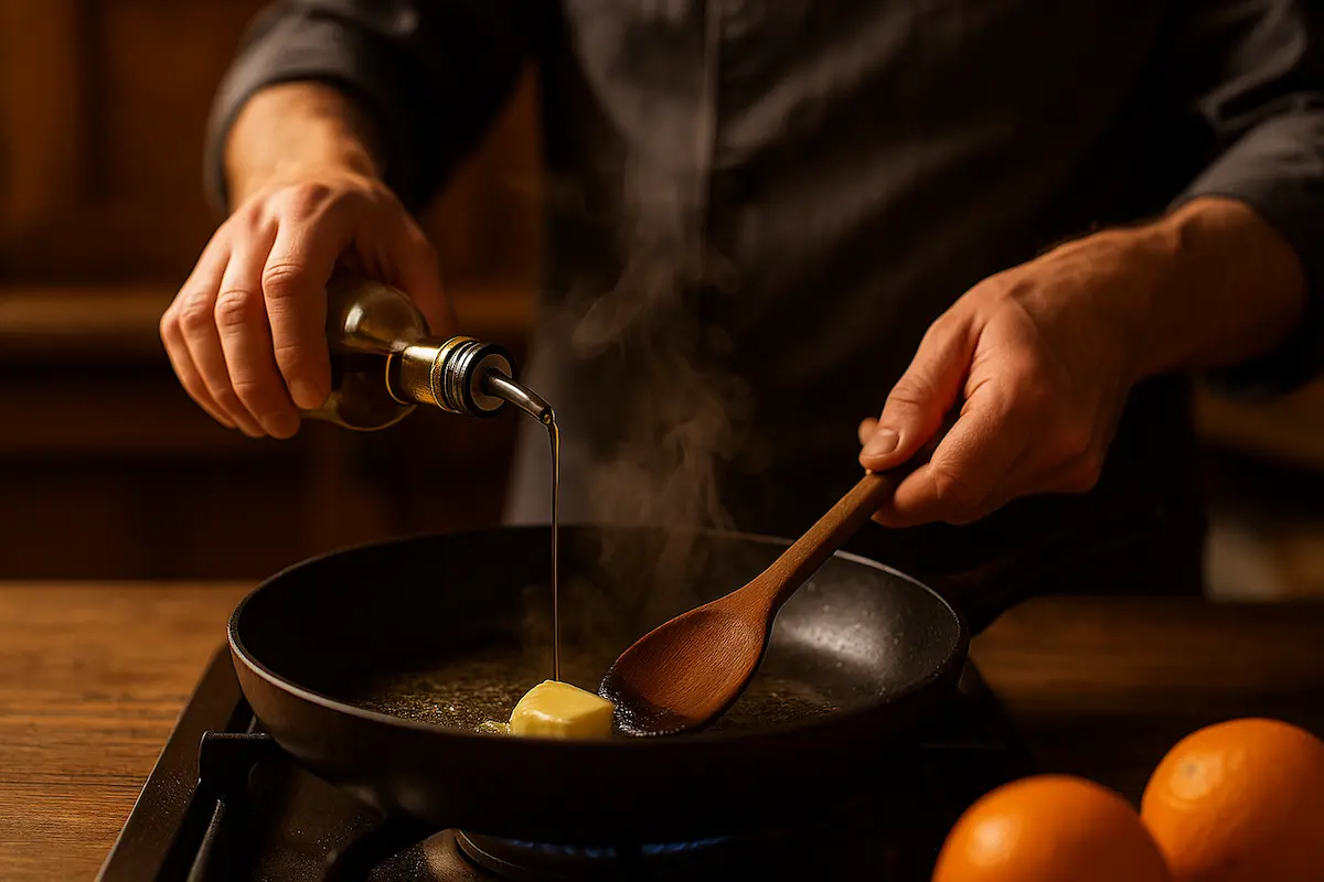 mani di chef che aggiungono burro e olio in padella con luce calda