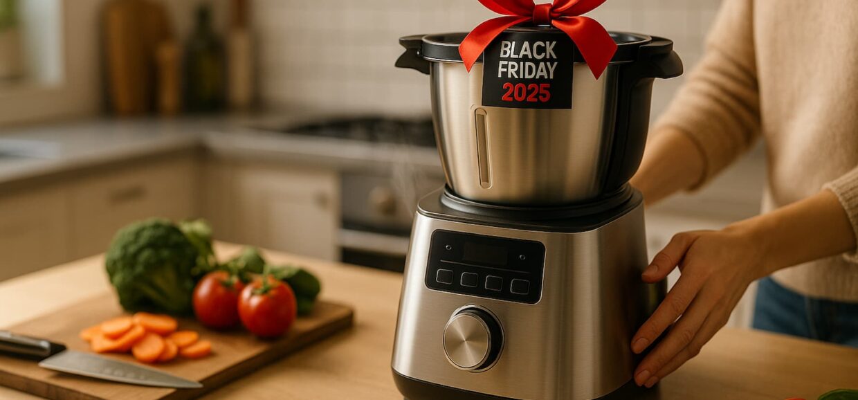 robot da cucina moderno con fiocco Black Friday 2025 su piano in legno