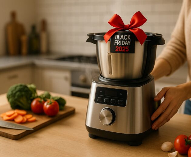 robot da cucina moderno con fiocco Black Friday 2025 su piano in legno