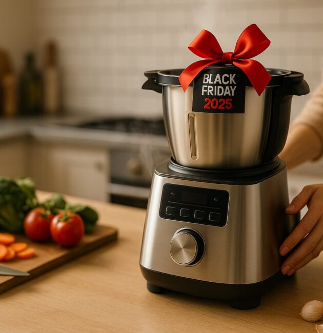 robot da cucina moderno con fiocco Black Friday 2025 su piano in legno