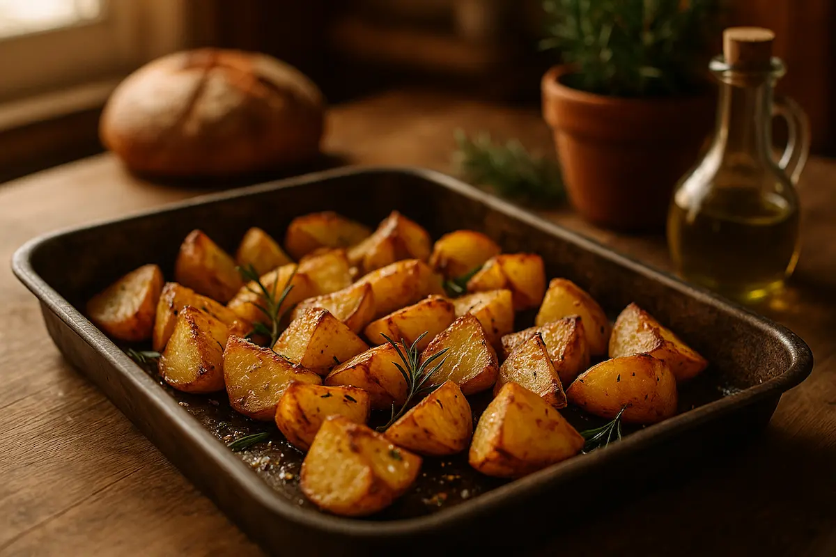patate al forno croccanti dorate con rosmarino e olio dโoliva su teglia rustica