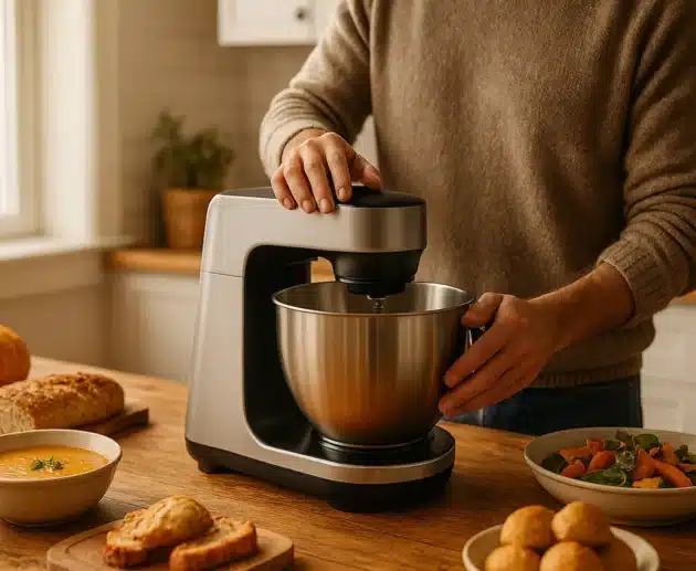 Uomo che usa un robot da cucina su tavolo rustico con ricette e piatti autunnali