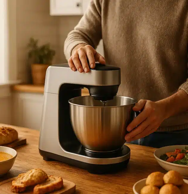 Uomo che usa un robot da cucina su tavolo rustico con ricette e piatti autunnali