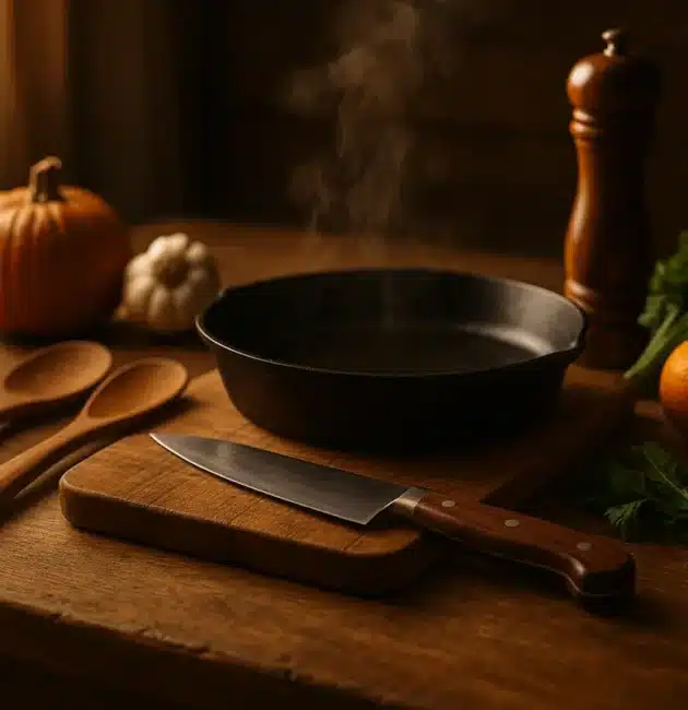 utensili da cucina autunnali su tavolo rustico illuminato da luce calda naturale