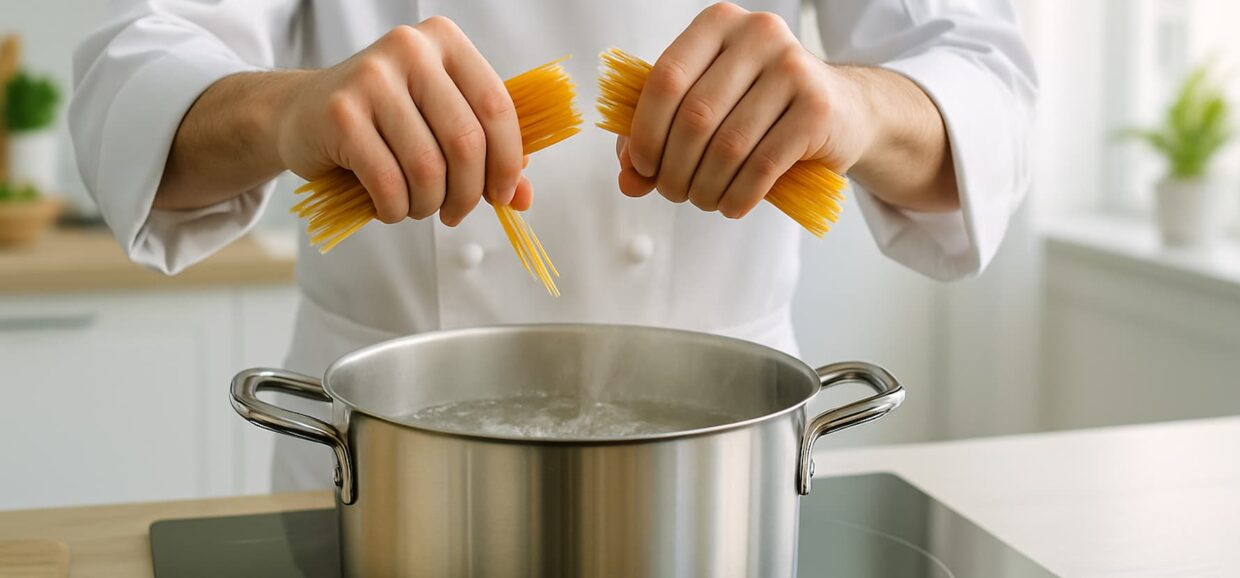 Mani di uno chef in atto di spezzare la pasta (spaghetti) sopra pentola su piano a induzione