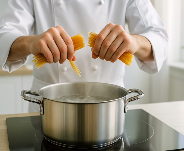 Mani di uno chef in atto di spezzare la pasta (spaghetti) sopra pentola su piano a induzione