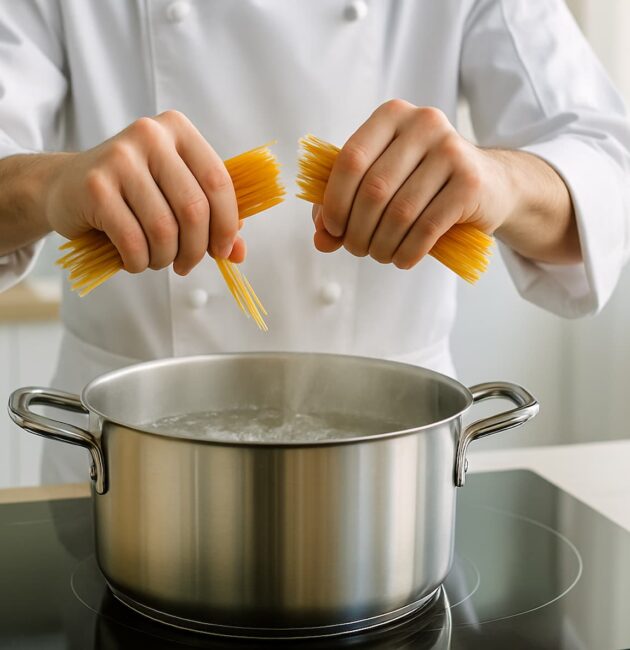 Mani di uno chef in atto di spezzare la pasta (spaghetti) sopra pentola su piano a induzione