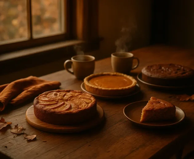 Tavola autunnale con diverse torte fatte in casa, tazza di caffè fumante e luce calda del pomeriggio, atmosfera accogliente e rustica.