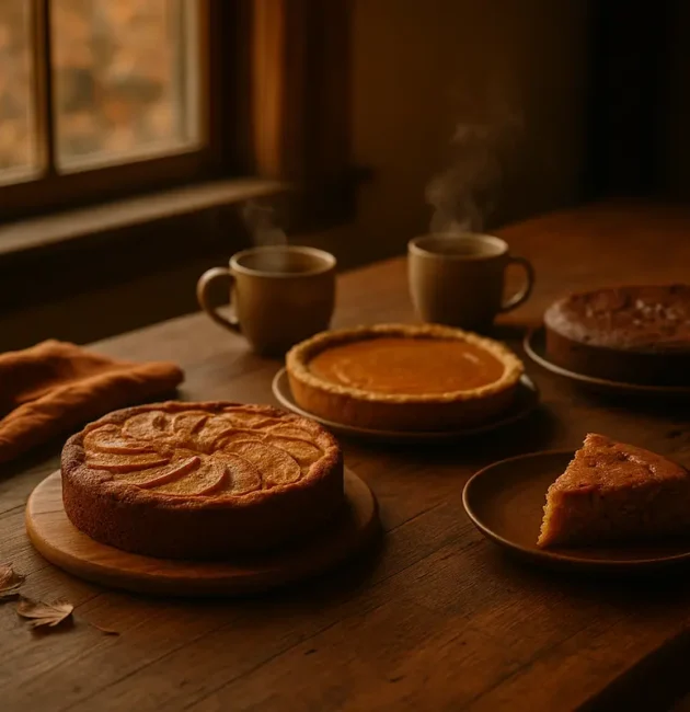 Tavola autunnale con diverse torte fatte in casa, tazza di caffè fumante e luce calda del pomeriggio, atmosfera accogliente e rustica.
