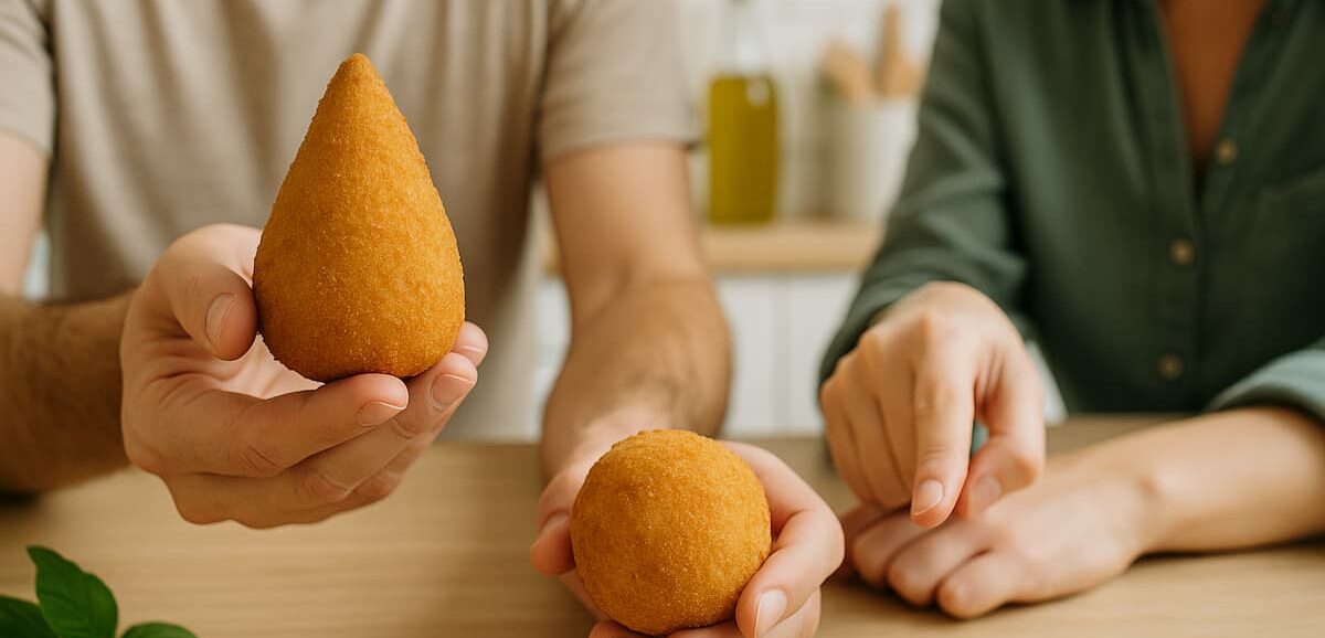 Mano maschile con arancino a punta e mano femminile che indica arancina tonda.