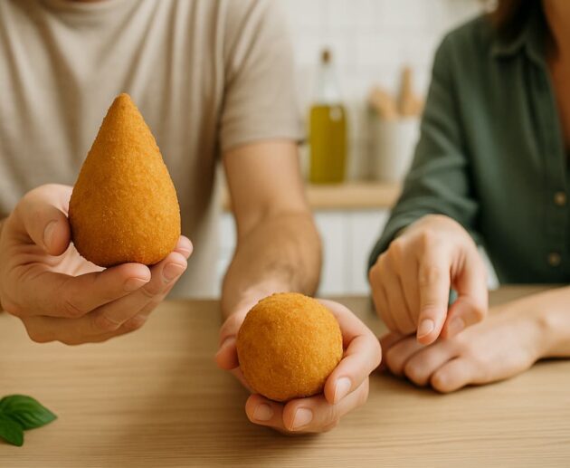 Mano maschile con arancino a punta e mano femminile che indica arancina tonda.