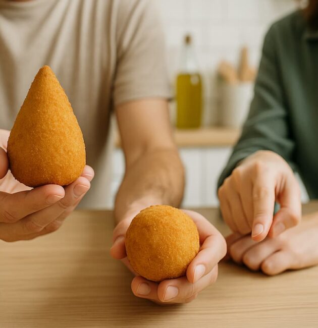 Mano maschile con arancino a punta e mano femminile che indica arancina tonda.