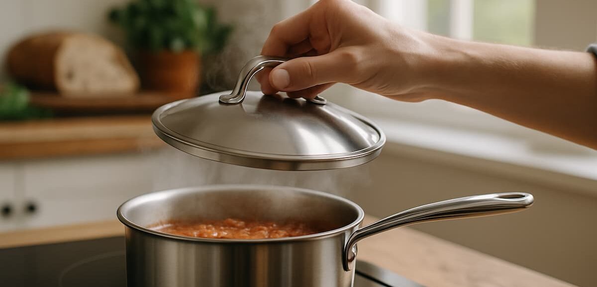 Mano che solleva il coperchio da una pentola con sugo in cottura.
