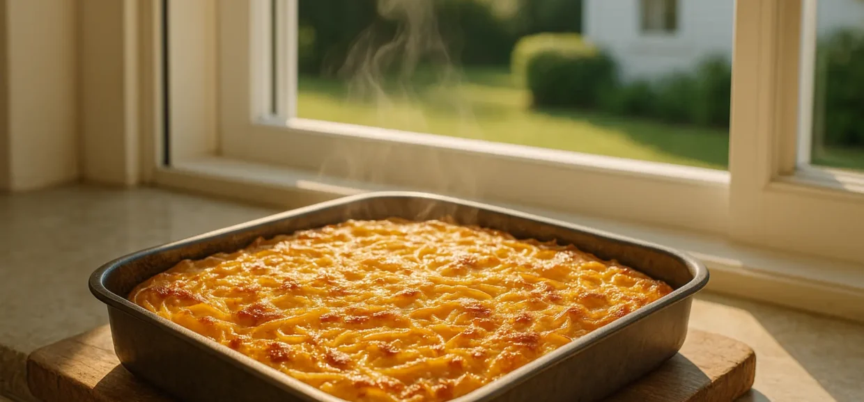Frittata di spaghetti fumante in teglia davanti a una finestra con giardino