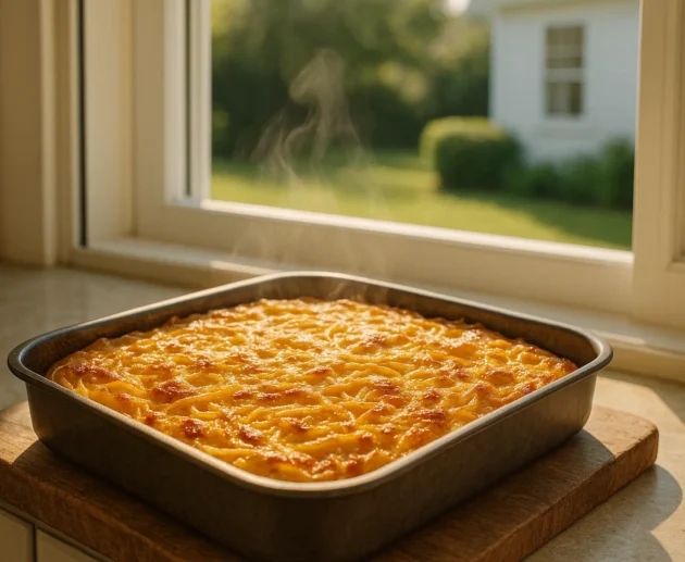 Frittata di spaghetti fumante in teglia davanti a una finestra con giardino